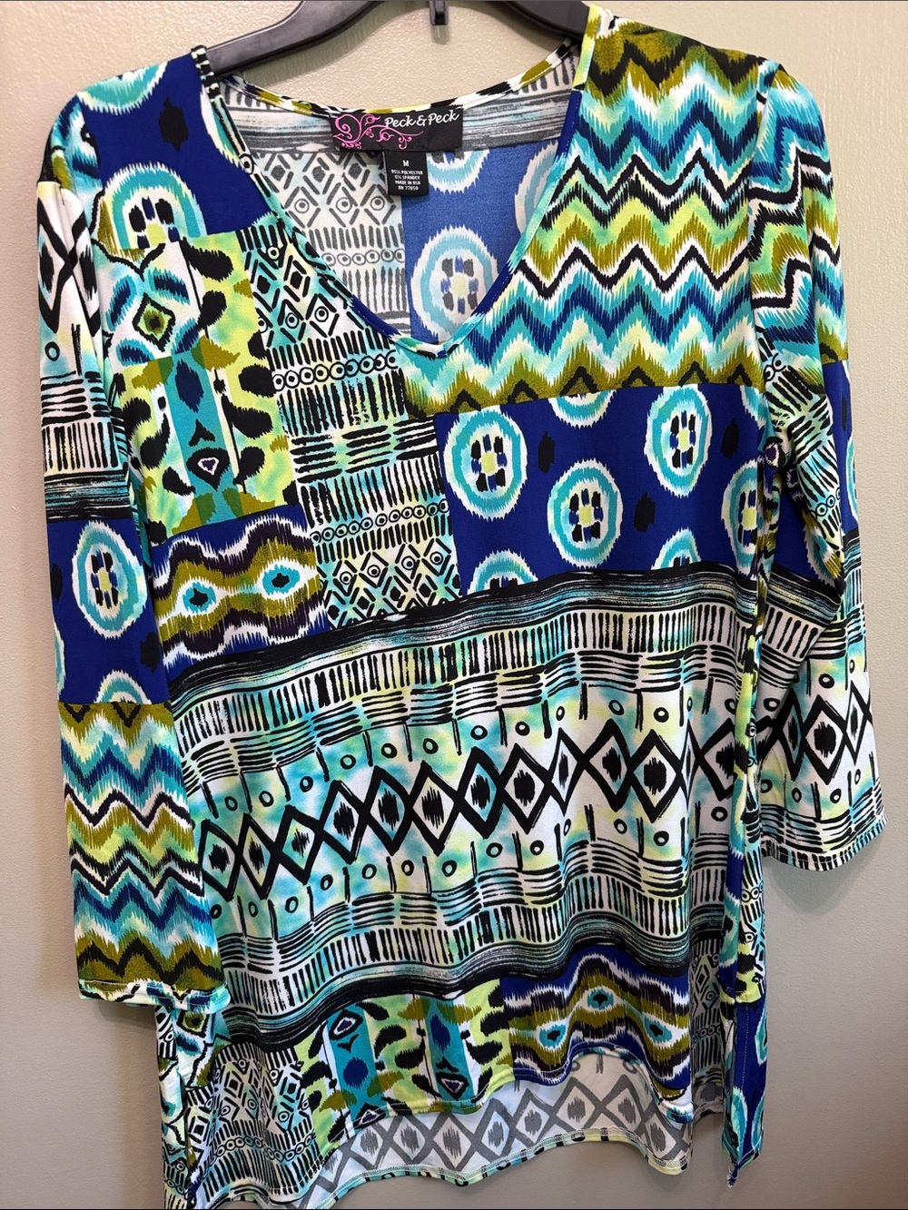 Peck & Peck Multi-Pattern V-Neck Tunic in Blue, Teal & Lime